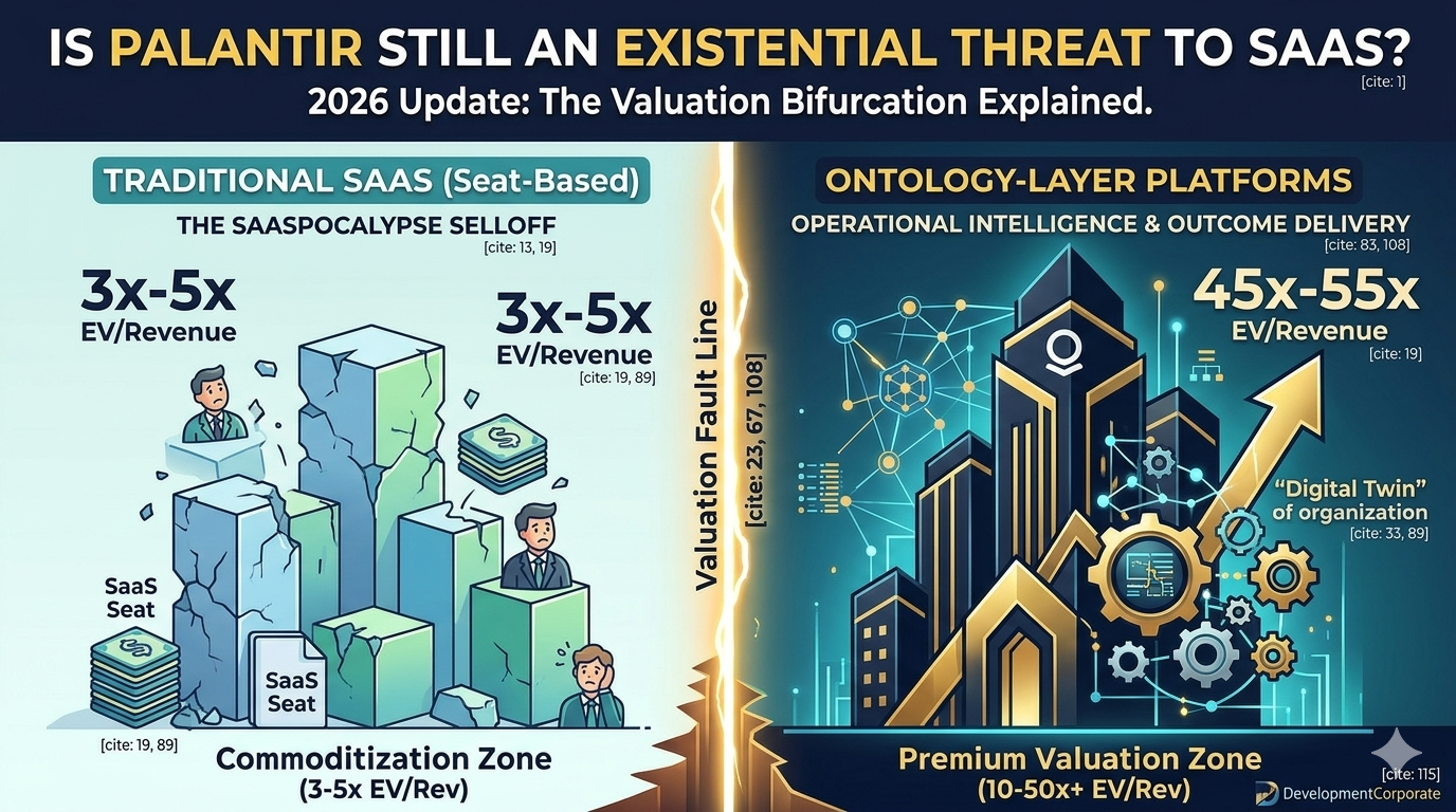 An infographic detailing the 2026 valuation fault line between Traditional SaaS and Ontology-Layer Platforms. On the left, Traditional seat-based SaaS is shown with crumbling blocks in a "Commoditization Zone" at 3x-5x EV/Revenue. On the right, futuristic towering buildings represent Ontology-Layer Platforms in a "Premium Valuation Zone" commanding 45x-55x EV/Revenue.