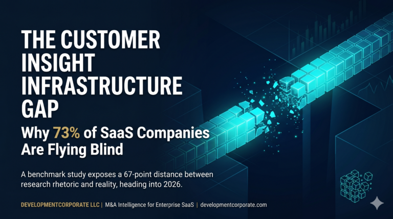 An isometric infographic illustration of a fragmented data pipeline made of glowing blue cubes, symbolizing the 'Customer Insight Infrastructure Gap.' The graphic prominently features the white text: 'THE CUSTOMER INSIGHT INFRASTRUCTURE GAP' and 'Why 73% of SaaS Companies Are Flying Blind,' with a gold highlight. DevelopmentCorporate LLC's branding is at the bottom.