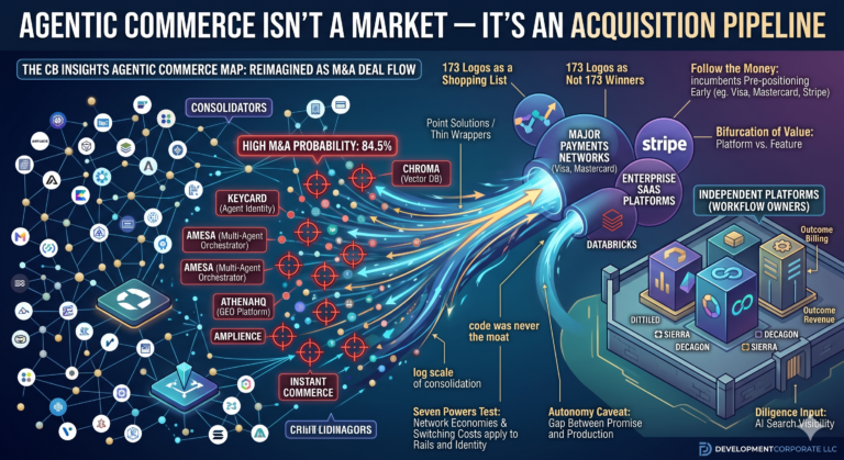 An abstract corporate digital network graphic illustrating an enterprise software pipeline, representing M&A consolidation within the agentic commerce market.