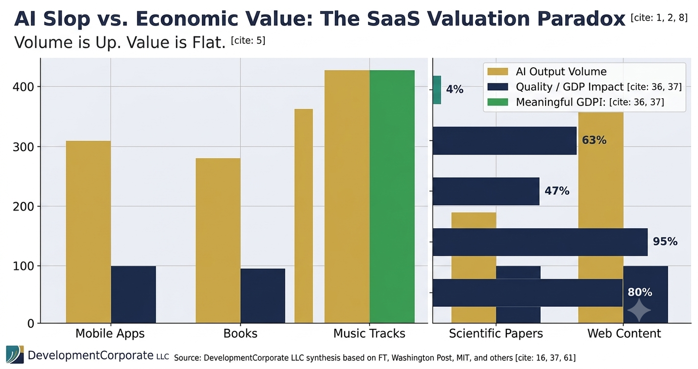 A data visualization chart titled 'AI Slop vs. Economic Value: The SaaS Valuation Paradox.' It compares the massive volume increase in AI-generated output against flat GDP and economic value across industries like mobile apps, books, music tracks, scientific papers, and web content.