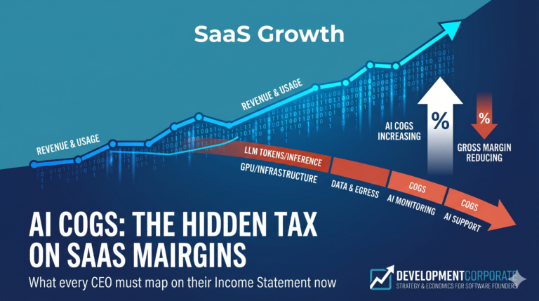 Infographic detailing the 5 components of AI COGS—Inference, GPU infrastructure, data middleware, observability, and AI support—impacting SaaS gross margins.