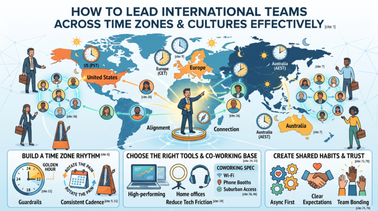 An infographic world map highlighting the US, Europe, and Australia business markets with clocks showing different time zones. It includes visual sections for building a time zone rhythm, choosing tech tools, and establishing regional coworking bases