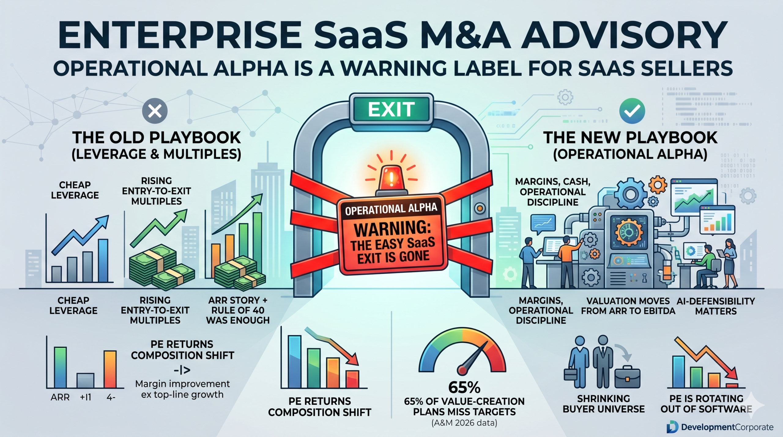 Infographic titled 'Enterprise SaaS M&A Advisory' comparing the old PE playbook of cheap leverage and rising multiples against the new 'Operational Alpha' playbook focused on margins, cash discipline, and AI-defensibility. A central exit gate is blocked by a red warning sign reading 'Operational Alpha WARNING: THE EASY SaaS EXIT IS GONE'.