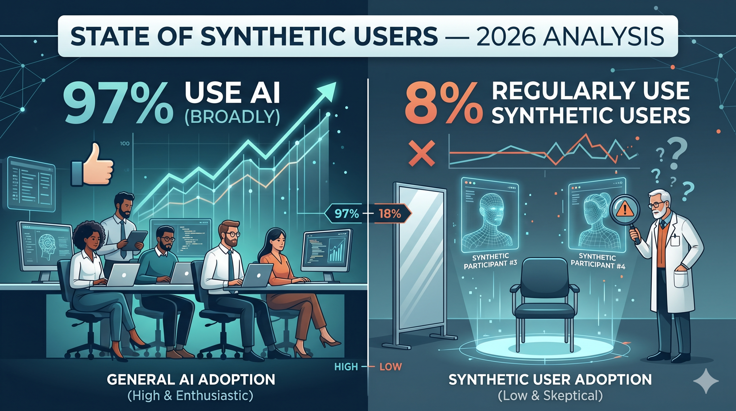 A conceptual illustration contrasting a real human researcher with transparent digital AI user profiles, representing synthetic participants.