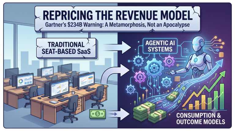 A conceptual illustration representing the transition of enterprise SaaS from traditional seat-based user dashboards to autonomous agentic AI workflows, symbolizing Gartner's $234B market repricing.