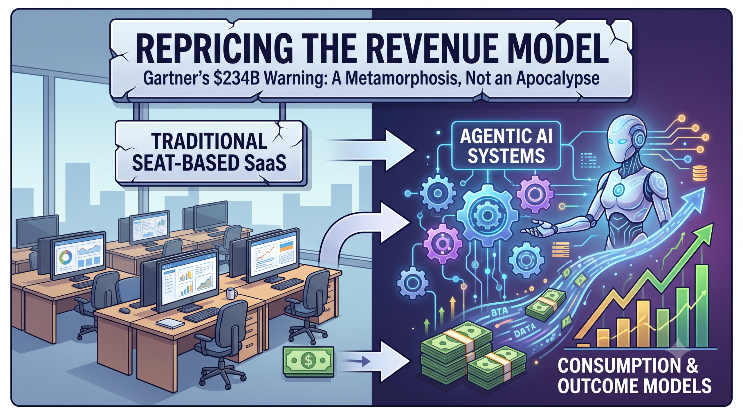 A conceptual illustration representing the transition of enterprise SaaS from traditional seat-based user dashboards to autonomous agentic AI workflows, symbolizing Gartner's $234B market repricing.