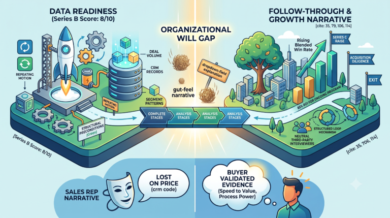 Conceptual business illustration representing SaaS win-loss analysis readiness, data tracking, and GTM growth narrative metrics for Series B tech companies.