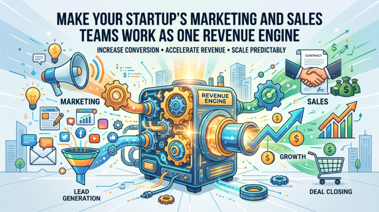 Illustration of a central revenue engine connecting marketing lead generation funnels with sales deal closing and growth charts.
