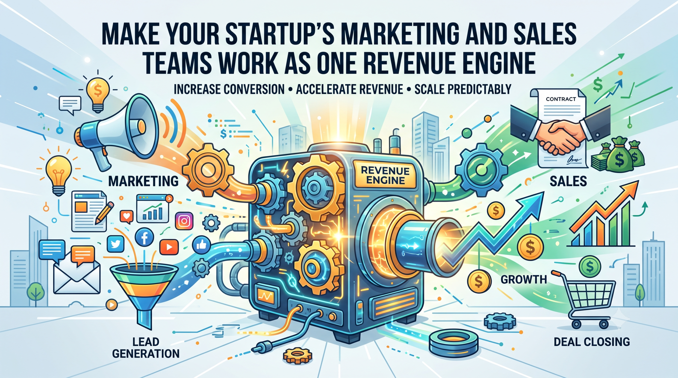 Illustration of a central revenue engine connecting marketing lead generation funnels with sales deal closing and growth charts.