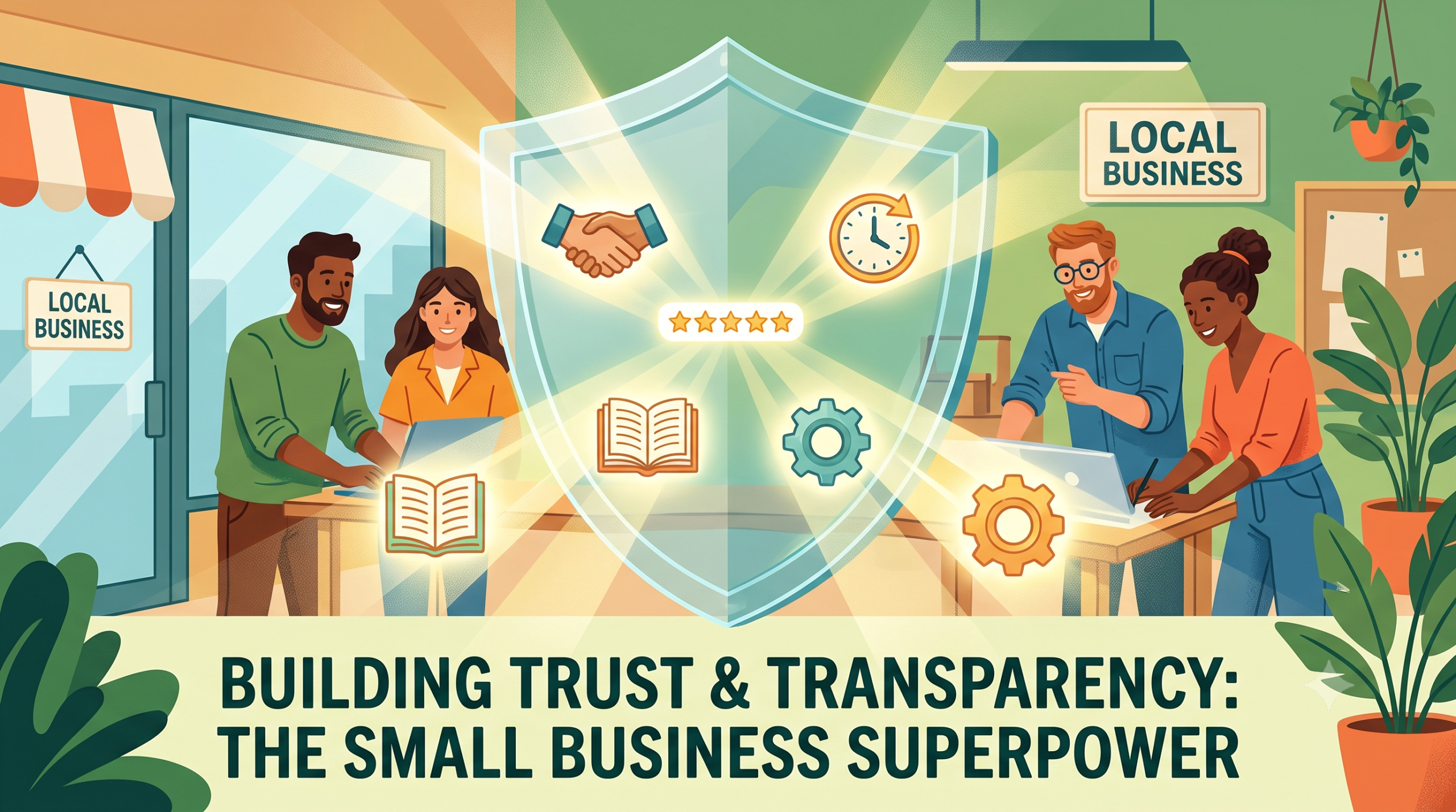 An illustration of small business owners with a transparent shield symbolizing trust, transparency, and a five-star rating, with icons for a handshake, responsive service, and a gear for process