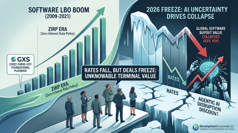 An infographic comparison showing the growth of software LBOs during the ZIRP era (2009–2021) next to the 2026 software buyout collapse, highlighting falling interest rates alongside a sharp drop in deal value due to agentic AI uncertainty.