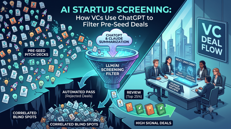 Diagram illustrating how VCs use AI tools like ChatGPT and Claude to screen pre-seed pitch decks, filtering them into automated rejections or human partner review.