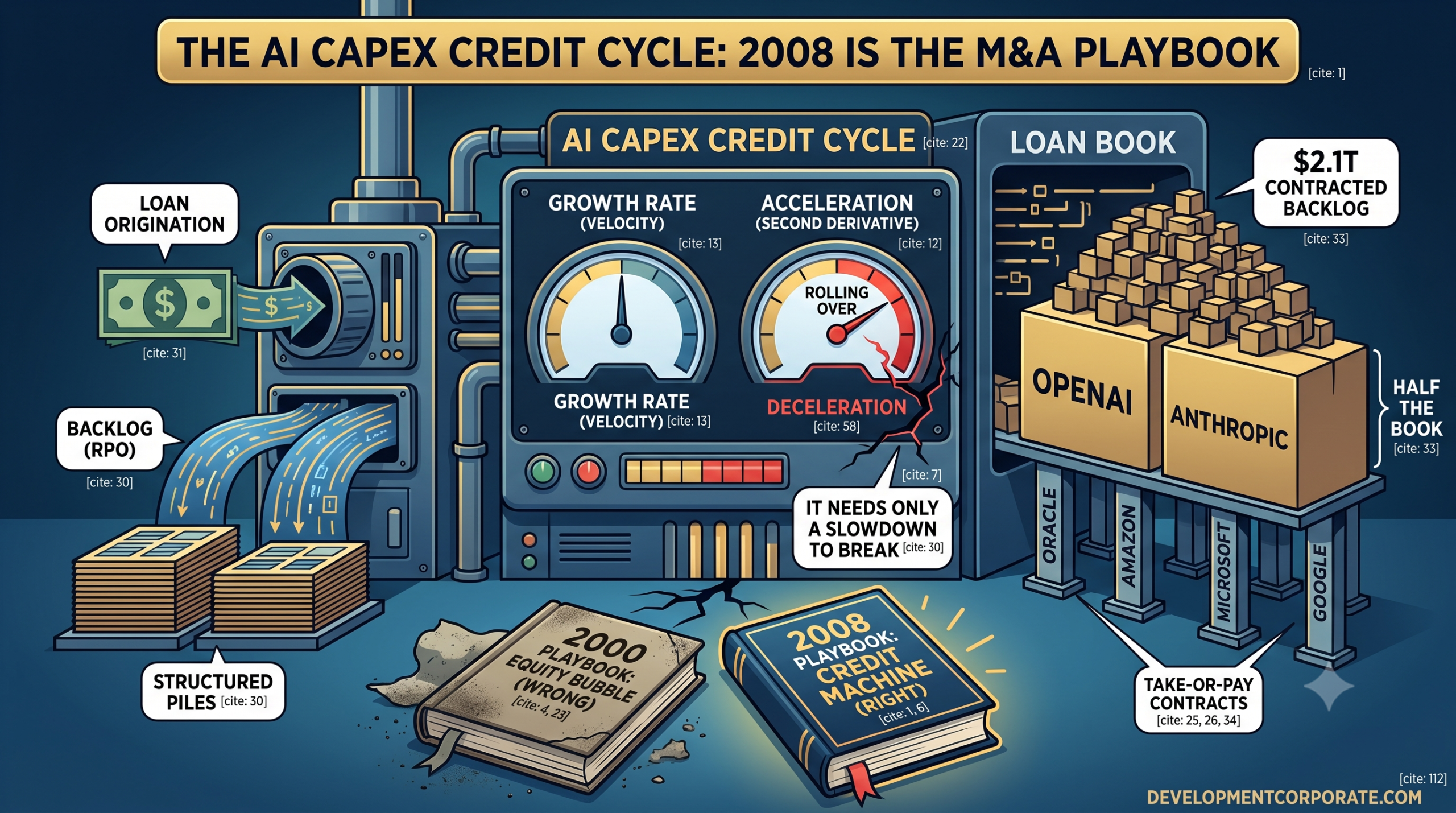 Conceptual diagram of the AI capex credit cycle showing an infrastructure machine with growth deceleration gauges, a $2.1T concentrated RPO loan book for OpenAI and Anthropic, and the 2008 credit playbook