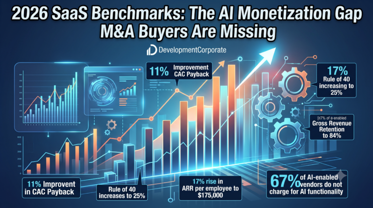 Infographic showing 2026 SaaS benchmarks, comparing increased Rule of 40 and CAC payback metrics against a decline in gross revenue retention and the 67% AI monetization gap for M&A buyers.
