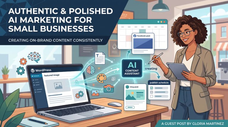 A small business owner using a tablet to oversee an AI marketing content assistant workflow connected to a WordPress dashboard.
