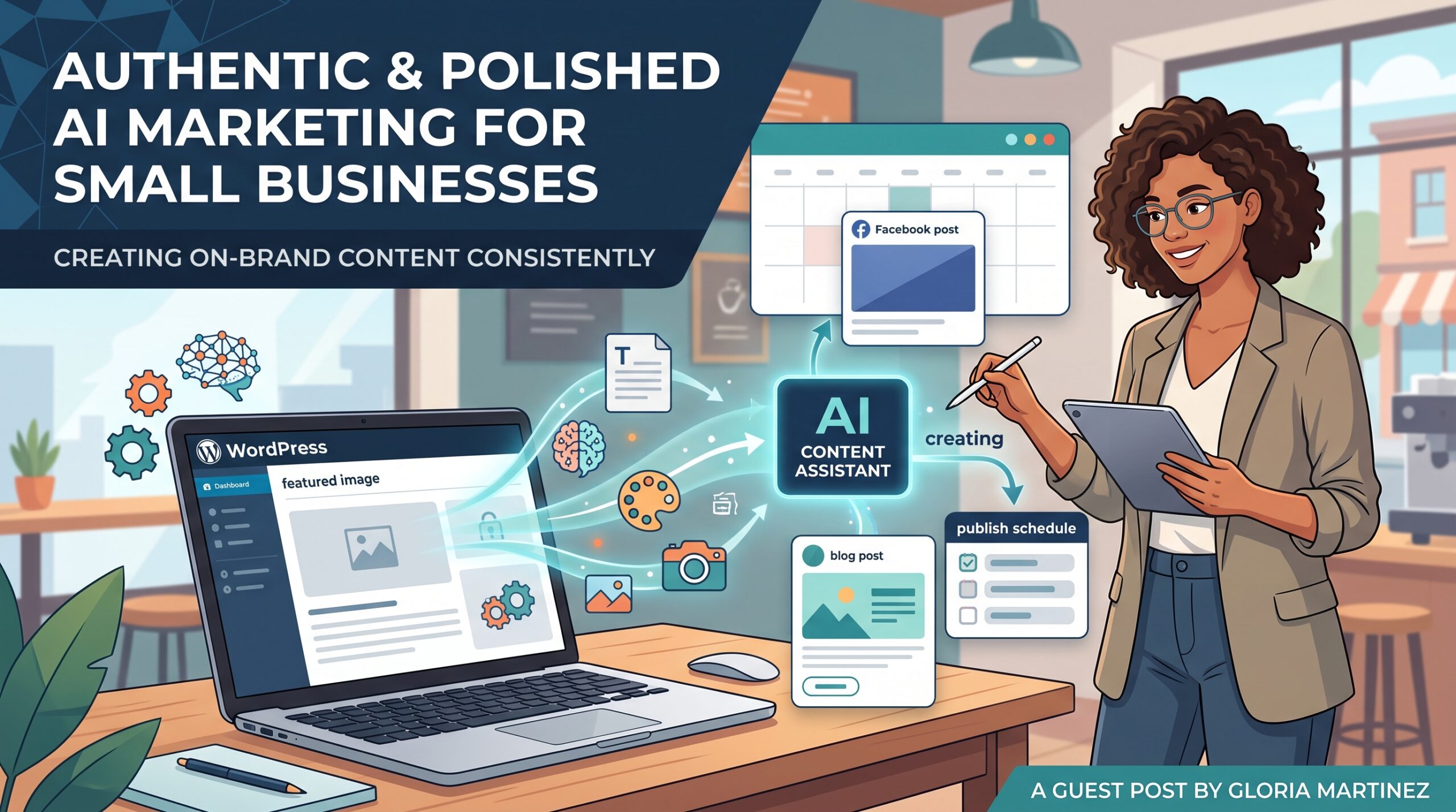 A small business owner using a tablet to oversee an AI marketing content assistant workflow connected to a WordPress dashboard.
