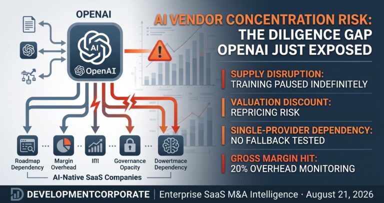 Infographic diagram illustrating AI vendor concentration risk and single-provider supply dependencies from OpenAI to AI-native SaaS workflows, highlighting valuation discounts and gross margin overhead.