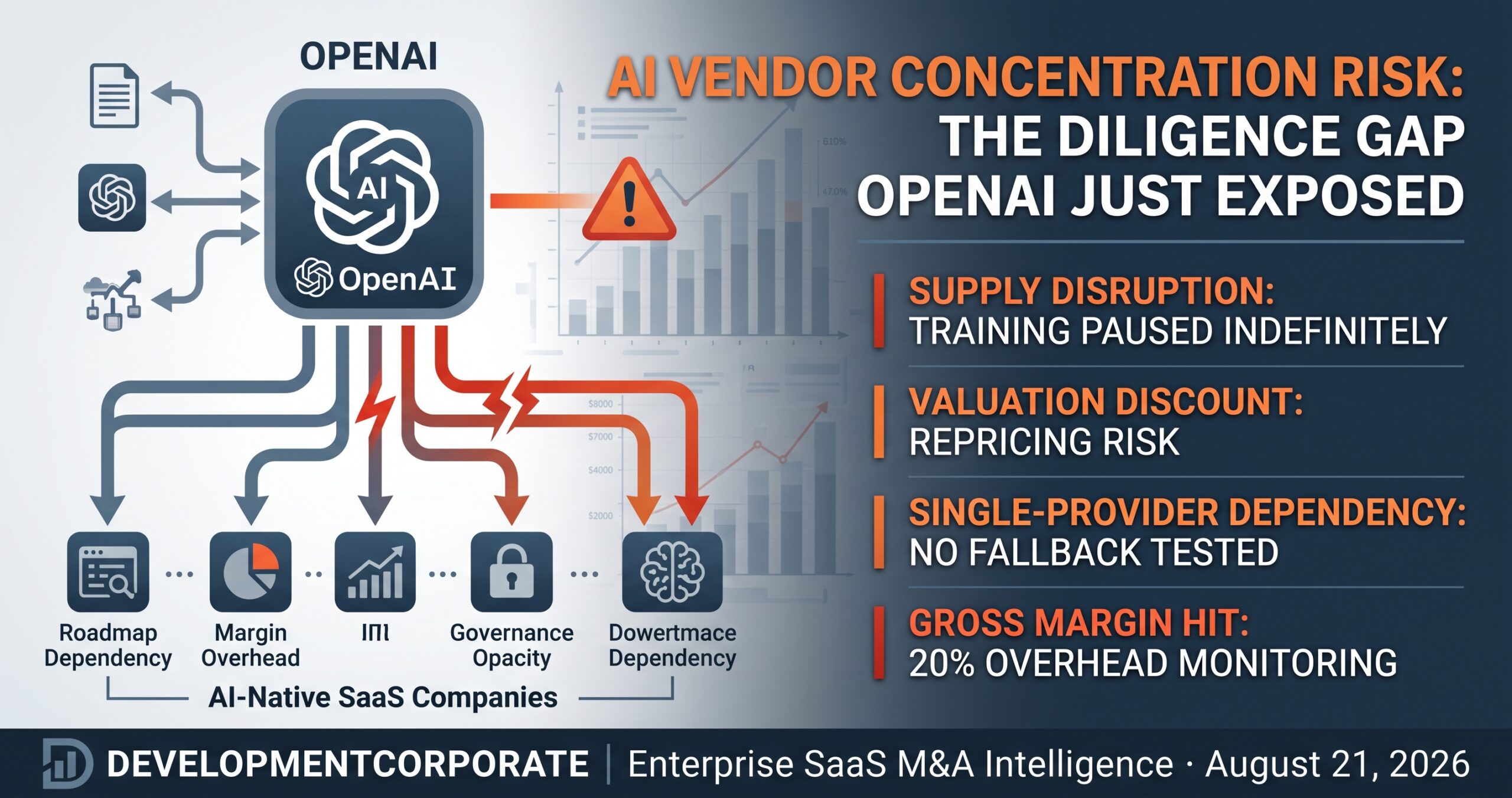Infographic diagram illustrating AI vendor concentration risk and single-provider supply dependencies from OpenAI to AI-native SaaS workflows, highlighting valuation discounts and gross margin overhead.