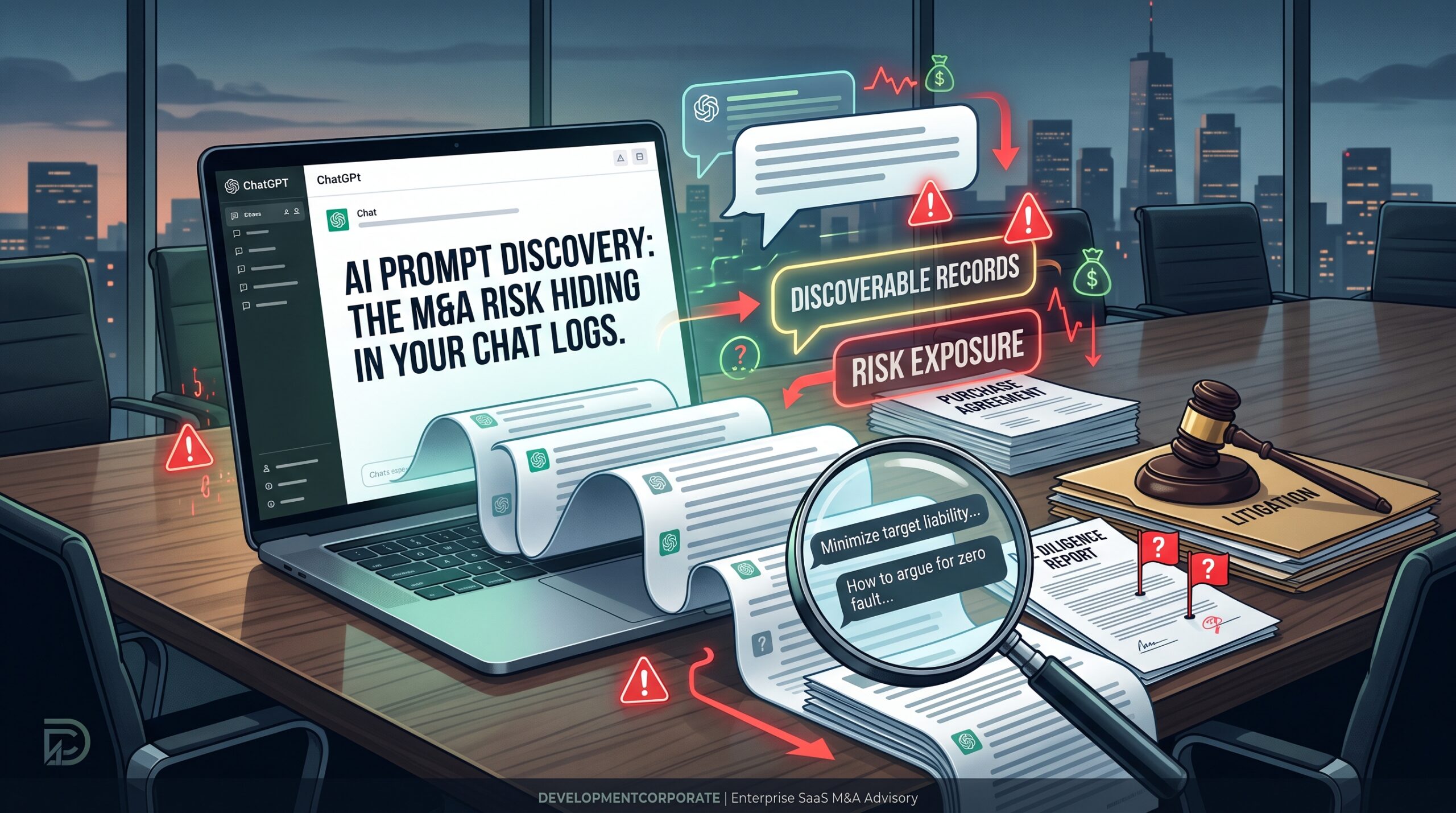 A laptop displaying AI prompt discovery text next to chat log transcripts, a magnifying glass inspecting prompts, and litigation files in a corporate boardroom.