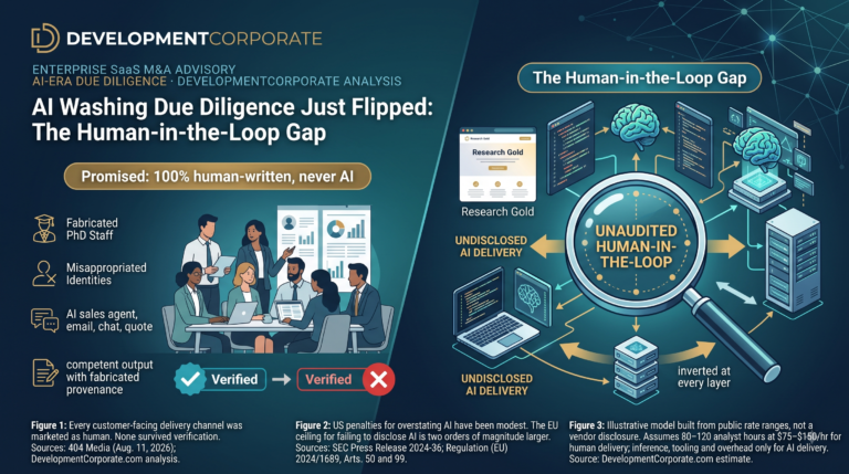 An detailed infographic by DevelopmentCorporate illustrating a case of AI washing. The headline is 'AI Washing Due Diligence Just Flipped: The Human-in-the-Loop Gap.' The left side shows a 'Promised' 100% human team that fails verification ('Misappropriated Identities,' 'Fabricated PhD Staff'). The right side, labeled 'The Human-in-the-Loop Gap,' uses a magnifying glass to reveal 'Unaudited Human-in-the-Loop' processes with hidden AI delivery (server racks, floating brains, data nodes) for a service named 'Research Gold,' indicating a complete 'inverted' structure. Footer text cites 404 Media and EU/SEC regulations.